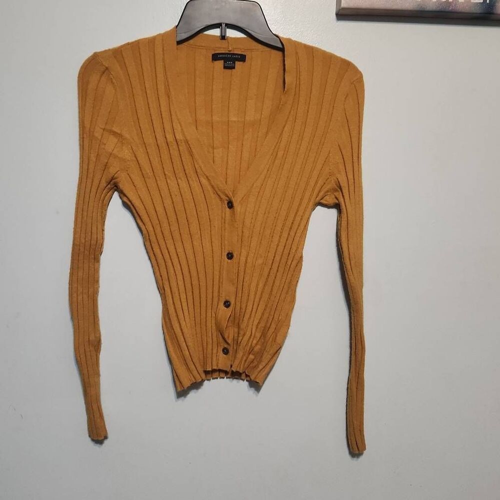 American Eagle Women’s Ribbed Button Cardigan Size M Mustard Yellow